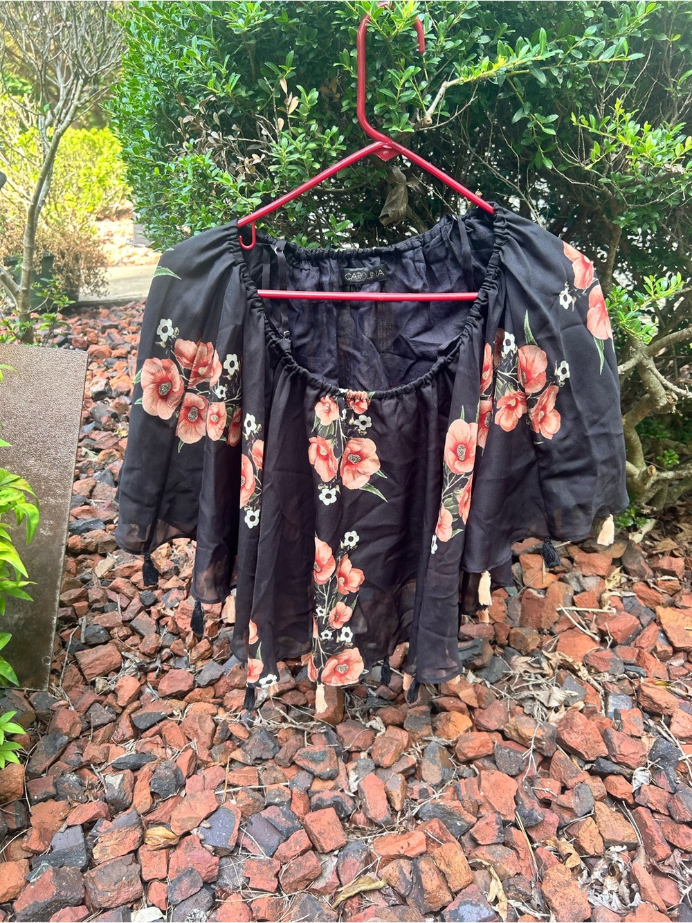 Floral Off-Shoulder Peasant Crop Top with Tassles- Black with Coral Floral, sz M